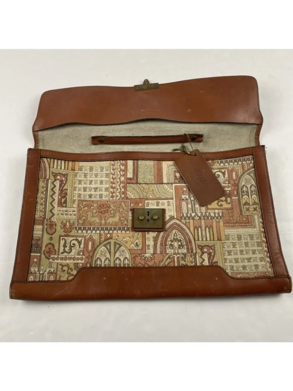I.Magnin Michael Scott Leather Briefcase Tapestry Look Steerhide Bag Key Vintage